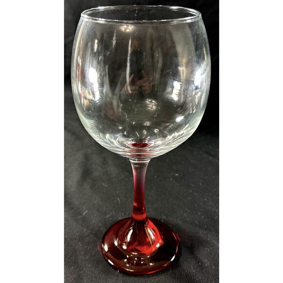 Hand Blown Wine Glass Ruby Red Stem Clear Bowl 8.25” Vintage Goblet - Picture 3 of 7